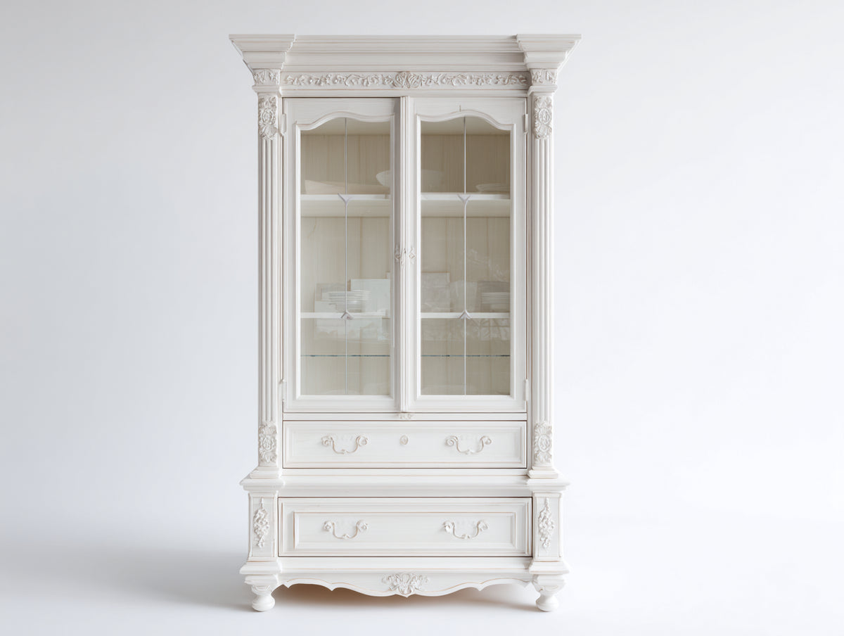 Vitrine Holz 100x40x190 cm Weiß mit 2 Glastüren und 2 Schubladen Klassischer Stil