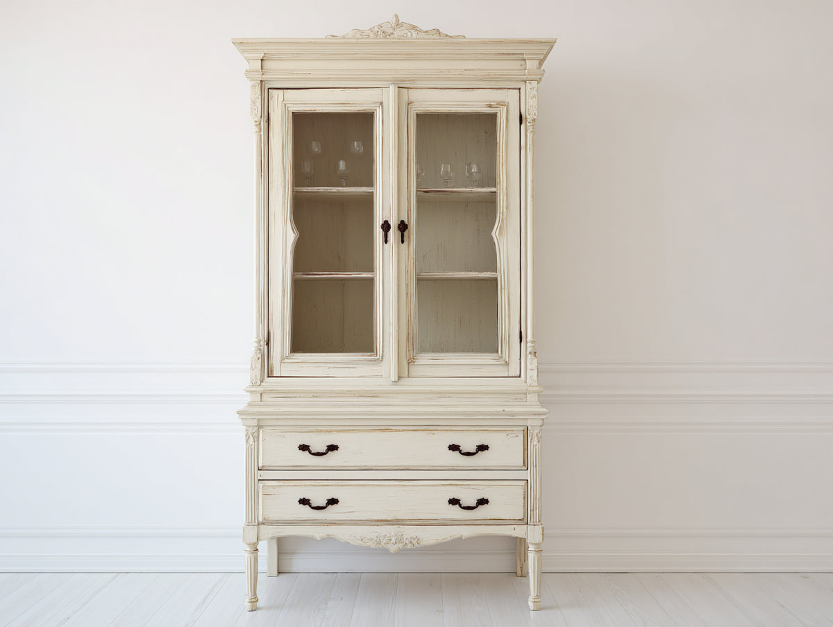 Vitrine Holz 100x40x190 cm Weiß mit 2 Glastüren und 2 Schubladen Klassischer Stil