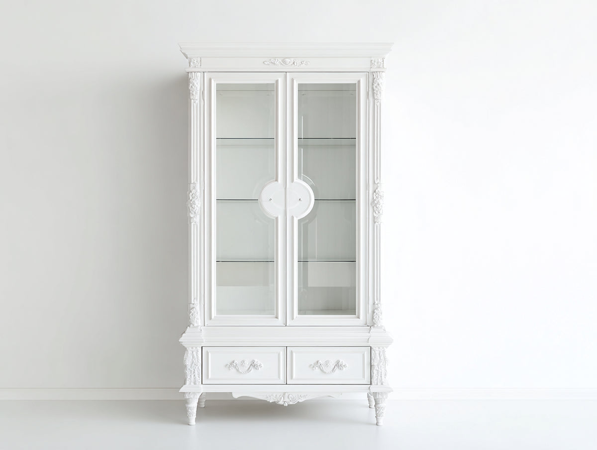 Vitrine Glasschrank Holz 90x40x180 cm Weiß - Klassisches Design mit 2 Glastüren und 2 Schubladen