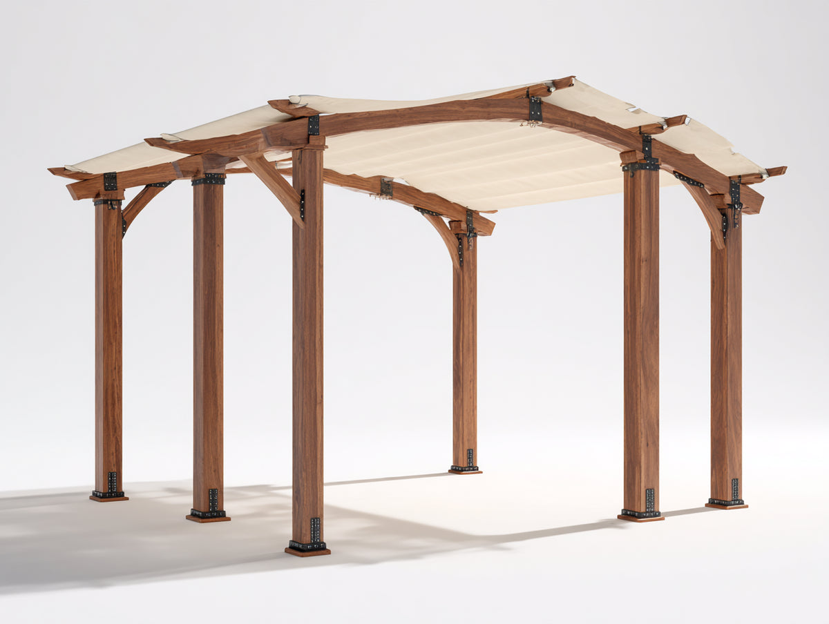 Pavillon 360x300x255 cm aus Holz in Naturbraun - Cremeweißes Stoffdach und offene Pergola-Konstruktion