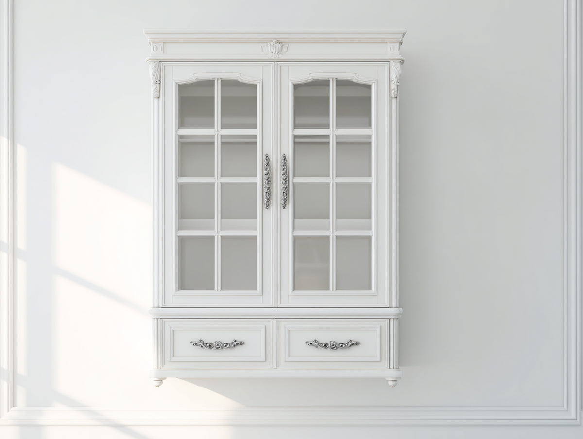 Vitrine Glasschrank Holz 100x40x190 cm Weiß - Klassisches Design mit 2 Glastüren und 2 Schubladen